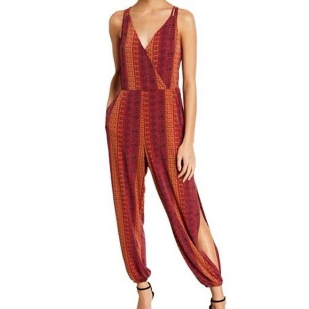 BCBGeneration BOHO Surplice Striped Cropped Slit Side Leg Harem Jumpsuit